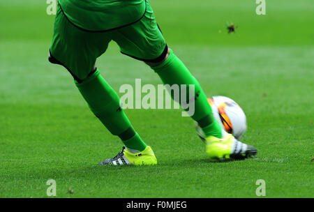 Le football, le soccer, l'Allemagne, Bundesliga, saison 2015-2016, Bayer Leverkusen vs 1899 Hoffenheim ; gardien frappe la balle. Banque D'Images