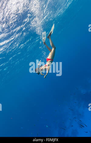 Apnéiste descend dans l'eau bleue Banque D'Images