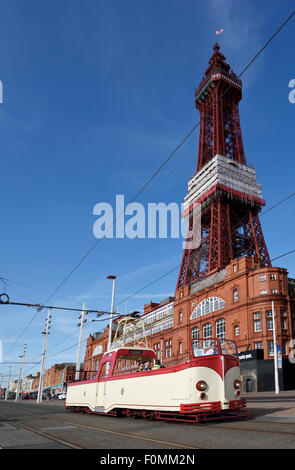 Vintage rouge et de crème ouvert à un seul étage surmonté le tram en face de la célèbre tour de Blackpool de Blackpool, Lancashire Banque D'Images