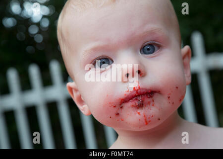 Aspen, Colorado - Adam Hjermstad Jr., avec les restes de gâteau à partir de son premier anniversaire. Banque D'Images