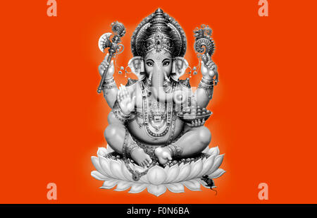 Illustration de Ganesh noir et blanc sur un fond orange isolé Banque D'Images