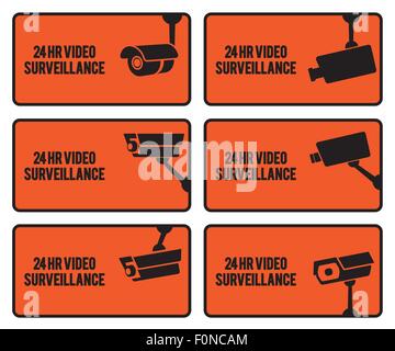 Set autocollants d'avertissement pour la sécurité de la surveillance vidéo. Illustration de Vecteur