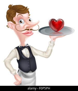 Une illustration d'une caricature waiter holding un bac avec une icône en forme de cœur sur elle Banque D'Images