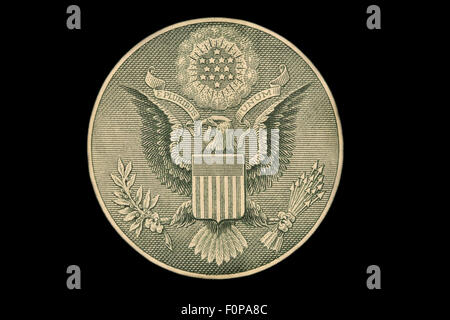 L'US dollar bill grand sceau isolated on black Banque D'Images