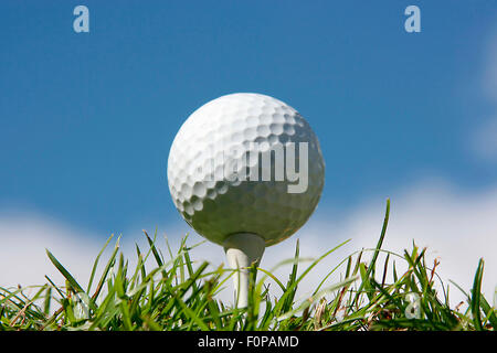 Gros plan d'une balle de golf avec un angle faible montrant l'herbe verte et ciel bleu Banque D'Images