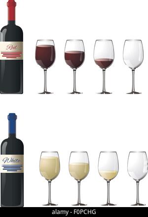 Bouteilles de vin rouge et blanc avec des lunettes isolé Illustration de Vecteur