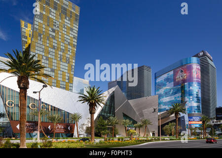 Citycenter sur Las Vegas Boulevard, avec le magasin Gucci, cristaux, Aria Resort, Veer Towers, et la Cosmopolite Banque D'Images