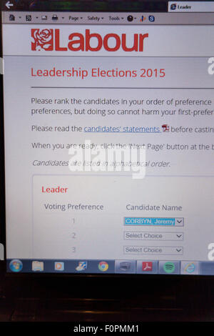 Exeter, Royaume-Uni. Août 19, 2015 capture d'écran de l'ordinateur portable. en ligne formulaire de vote pour l'élection de leadership du travail de premier rang, Jeremy Corbyn pas de second vote tactique élections concours Crédit : Semiotix/Alamy Live News Banque D'Images