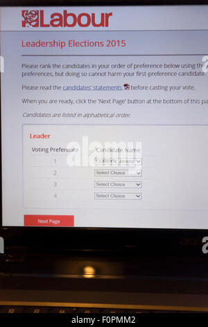 Exeter, Royaume-Uni. Août 19, 2015 capture d'écran de l'ordinateur portable. en ligne formulaire de vote pour l'élection de leadership du travail de premier rang, Jeremy Corbyn pas de second vote tactique élections concours Crédit : Semiotix/Alamy Live News Banque D'Images