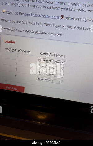 Exeter, Royaume-Uni. Août 19, 2015 capture d'écran de l'ordinateur portable. en ligne formulaire de vote pour l'élection de leadership du travail de premier rang, Jeremy Corbyn pas de second vote tactique élections concours Crédit : Semiotix/Alamy Live News Banque D'Images
