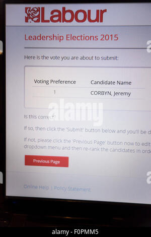 Exeter, Royaume-Uni. Août 19, 2015 capture d'écran de l'ordinateur portable. en ligne formulaire de vote pour l'élection de leadership du travail de premier rang, Jeremy Corbyn pas de second vote tactique élections concours Crédit : Semiotix/Alamy Live News Banque D'Images