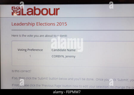 Exeter, Royaume-Uni. Août 19, 2015 capture d'écran de l'ordinateur portable. en ligne formulaire de vote pour l'élection de leadership du travail de premier rang, Jeremy Corbyn pas de second vote tactique élections concours Crédit : Semiotix/Alamy Live News Banque D'Images