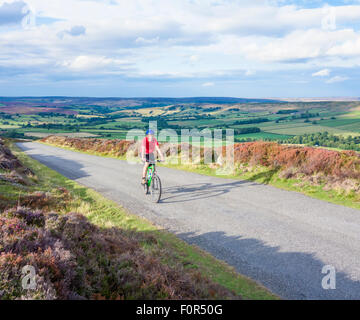 Mountain biker on long, montée raide hors de Westerdale, North York Moors National Park, North Yorkshire, Angleterre. UK Banque D'Images