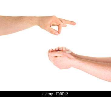 Demander de l'aide d'aumônes caucasian droit isolé sur fond blanc composition Banque D'Images