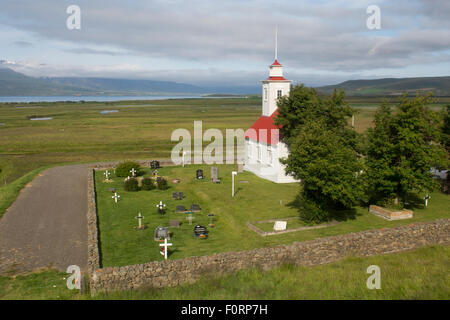 L'Islande, Akureyri, Laufas église. Il y a eu une église à Laufás depuis les origines du christianisme en Islande. Banque D'Images