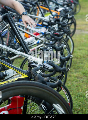 Des vélos sur un rack dans une épreuve cycliste Banque D'Images