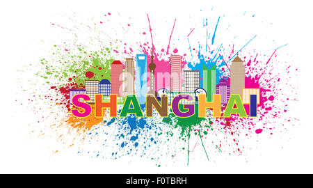 Shanghai China City Skyline Silhouette Contour Texte couleur Splatter Peinture Abstract illustration isolé sur fond blanc Banque D'Images