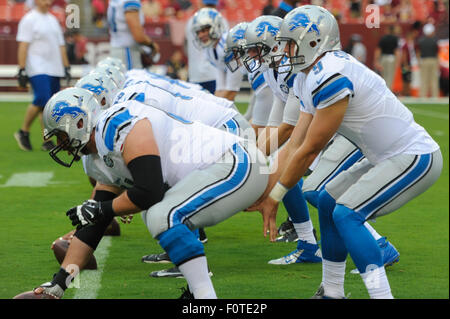 Landover, Maryland, USA. 20e Août, 2015. Le quart-arrière des Lions de Detroit n avant l'exercices de l'avant-saison se rencontreront entre les Lions de Détroit et les Redskins de Washington à FedEx Field à Landover, MD. Credit : Cal Sport Media/Alamy Live News Banque D'Images