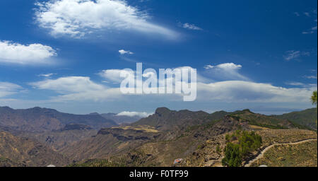 Gran Canaria, route Cruz de Tejeda - Artenara, pins canariens et belle formation de nuages avec des sentiers Banque D'Images