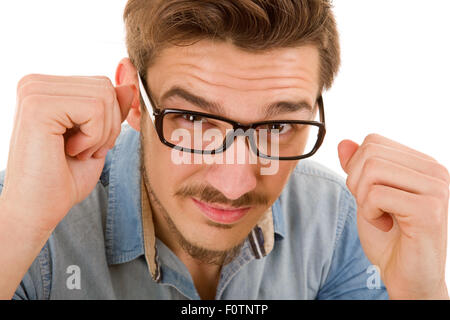 Jeune adolescente man hiding, isolated on white Banque D'Images