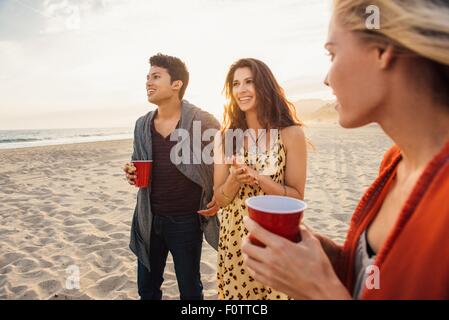 Groupe d'amis ayant des boissons sur la plage, au coucher du soleil Banque D'Images