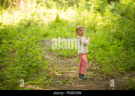 Petite fille dans les bois d'explorer. Banque D'Images