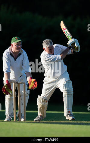 Batteur de cricket senior en action. Banque D'Images