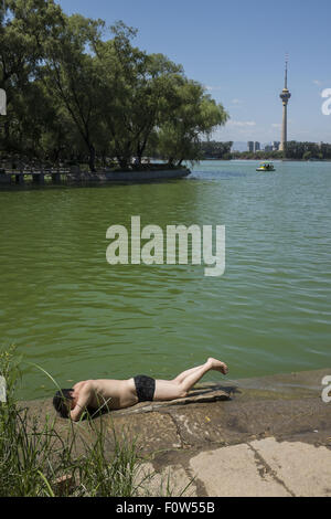 Beijing, Chine. Août 21, 2015. L'homme nage dans Bayihu Lake, Beijing, Chine. © Jiwei Han/ZUMA/Alamy Fil Live News Banque D'Images