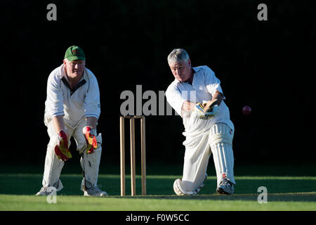 Batteur de cricket senior en action. Banque D'Images