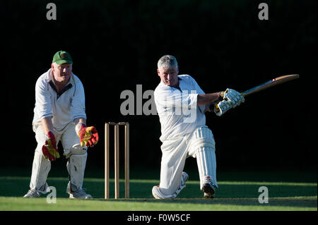 Batteur de cricket senior en action. Banque D'Images