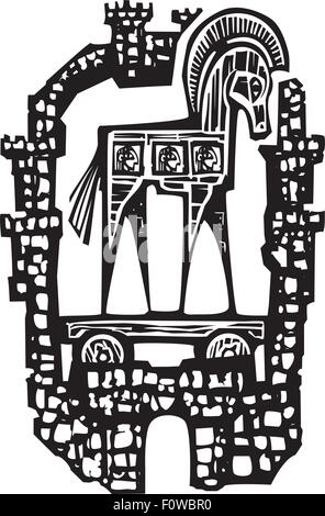 Xylographie expressionniste de style grec de l'image cheval de Troie à l'intérieur des murs de la ville de Troie. Illustration de Vecteur