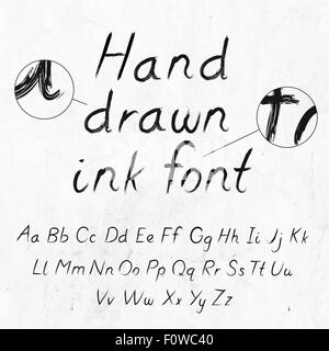La main d'encre sale grunge font avec alphabet sur papier Illustration de Vecteur