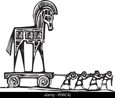 Xylographie expressionniste style image du cheval de Troie grec étant entraîné dans Troie. Illustration de Vecteur