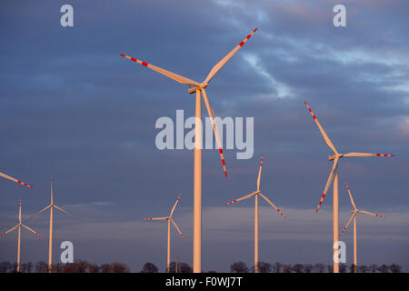 Éoliennes sur un parc éolien en Poméranie occidentale, Pologne, février 2014. Banque D'Images