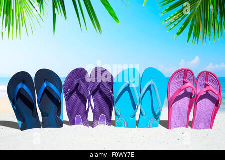 Une ligne avec des tongs sous des feuilles de palmier sur la plage ensoleillée Banque D'Images