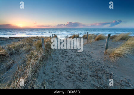 Chemin de sable d'une plage de la mer du Nord au coucher du soleil, en Hollande Banque D'Images