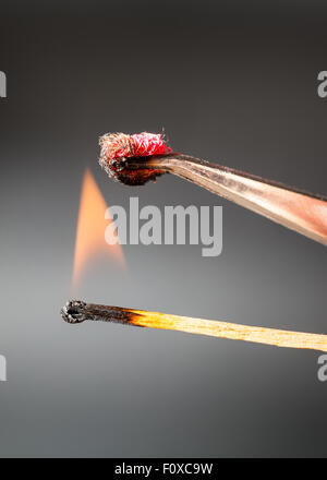 Expérience pour déterminer la composition des tissus - tissu de soie enflamme flamme comparaison échantillon Banque D'Images