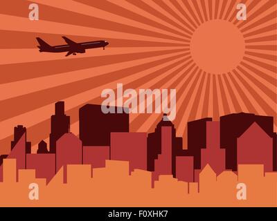 Ville, avion et soleil. Vector illustration. Illustration de Vecteur