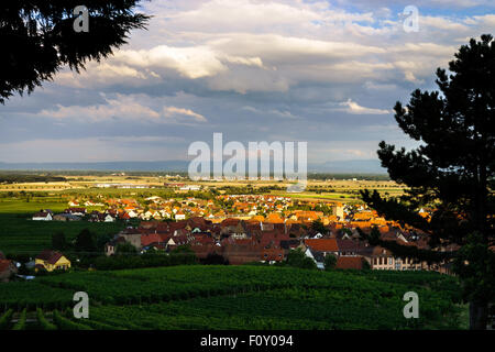 Beau Soleil colorés au village alsacien Dambach-la-Ville. Vue panoramique. France Banque D'Images