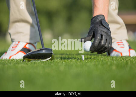 De sexe masculin balle de golf sur tee plus beau terrain de golf. Joueur de golf va jouer au golf sur terrain vert bien sûr. Banque D'Images