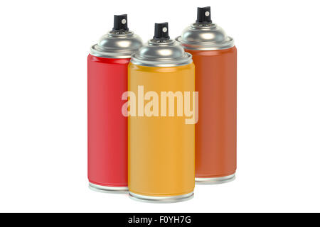 Contenants de peinture aérosol couleur isolé sur fond blanc Banque D'Images