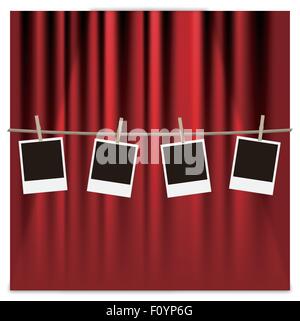 Cadres photo pendu à une corde à linge sur un rideau rouge Illustration de Vecteur