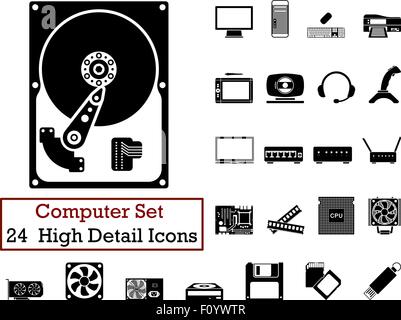 Jeu de 24 icônes de l'ordinateur en couleur noir. Illustration de Vecteur