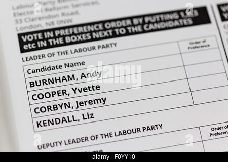 UK. 24 août, 2015. La direction du Parti du Travail Formulaire de vote indiquant les noms des candidats, Andy Burnham, Yvette Cooper, Jeremy Corbyn et Liz Kendall. Credit : West Yorkshire Images/Alamy Live News Banque D'Images