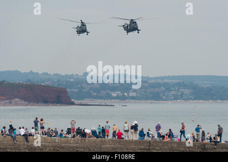 Sea King de la Royal Navy Mk 4 'Junglies" de la Force d'hélicoptères Commando effectuer un défilé à l'Air Show 2015 Dawlish. Banque D'Images