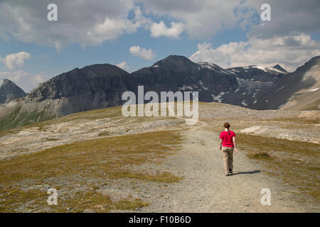 Un jeune randonneur marchant dans les Alpes Suisses Banque D'Images