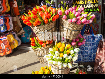 Fleurs de tulipe en bois souvenirs en vente à l'extérieur d'une boutique touristique, Rotterdam, Pays-Bas Banque D'Images