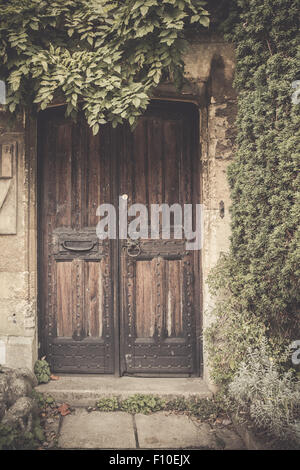 Effet filtre vintage image de vieille porte en bois avec verdure Banque D'Images