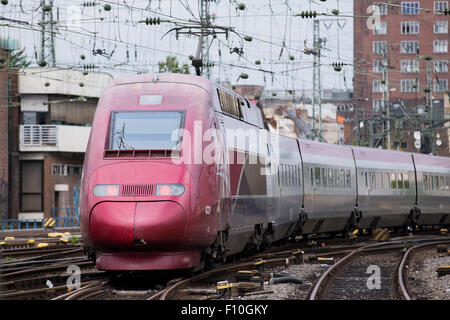 Cologne, Allemagne. Août 24, 2015. Un train Thalys à destination de Paris Nord quitte la gare centrale de Cologne, Allemagne, 24 août 2015. Un Marocain de 25 ans entré dans un train Thalys entre Amsterdam et Paris avec une Kalachnikov et d'armes à feu a été maîtrisé par les passagers 21 août 2015. PHOTO : ROLF VENNENBERND/dpa/Alamy Live News Banque D'Images