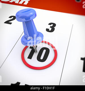 Calendrier et pousser l'axe bleu. Marque sur le calendrier en 10. Banque D'Images